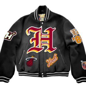Miami Heat NBA Jeff Hamilton Wool Varsity Old English Black Jacket 2