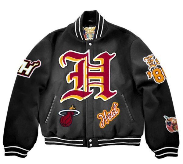 Miami Heat NBA Jeff Hamilton Wool Varsity Old English Black Jacket 2