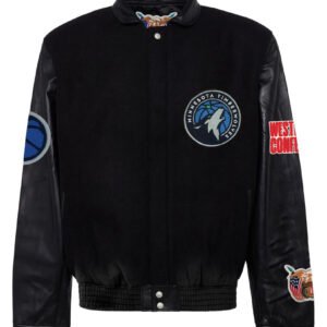 Minnesota Timberwolves NBA Jeff Hamilton Black Wool Leather Letterman Varsity Jacket 2