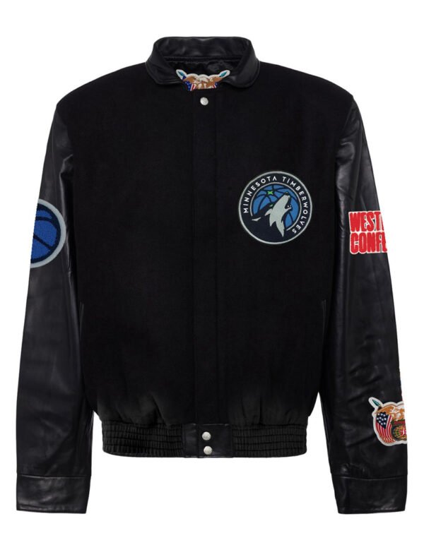Minnesota Timberwolves NBA Jeff Hamilton Black Wool Leather Letterman Varsity Jacket 2