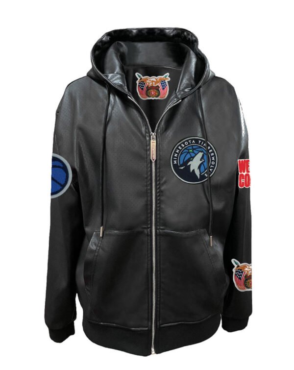 Minnesota Timberwolves NBA Lightweight Zip up Black Leather Hooded Jacket 1
