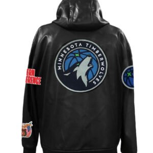 Minnesota Timberwolves NBA Lightweight Zip up Black Leather Hooded Jacket 2