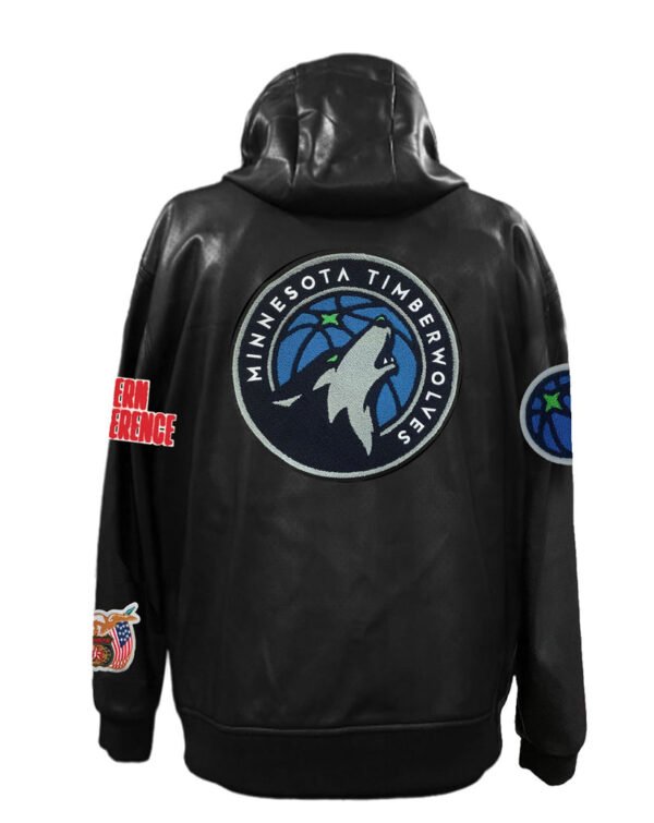 Minnesota Timberwolves NBA Lightweight Zip up Black Leather Hooded Jacket 2