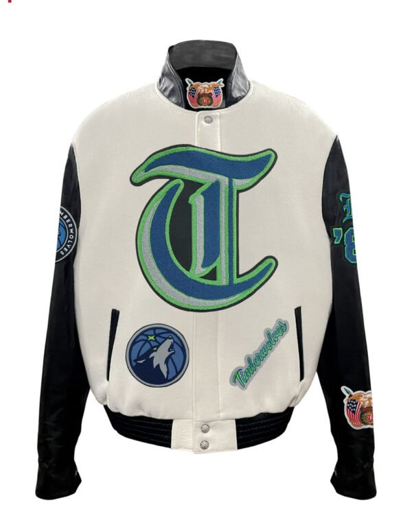 Minnesota Timberwolves NBA Off White Wool Leather Letterman Varsity Jacket 2
