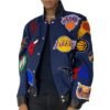 NBA Collage Jeff Hamilton Denim Blue Wool Leather Letterman Varsity Jacket