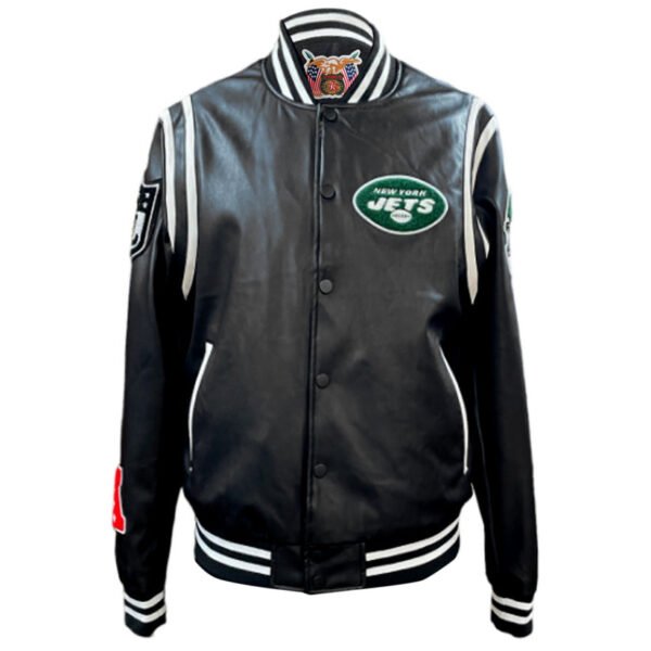New York Jets NFL Jeff Hamilton Black White Leather Varsity Jacket 2