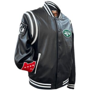 New York Jets NFL Jeff Hamilton Black White Leather Varsity Jacket 3