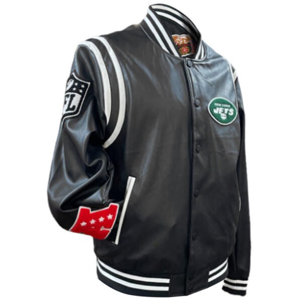 New York Jets NFL Jeff Hamilton Black White Leather Varsity Jacket 3