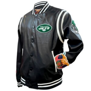 New York Jets NFL Jeff Hamilton Black White Leather Varsity Jacket 4