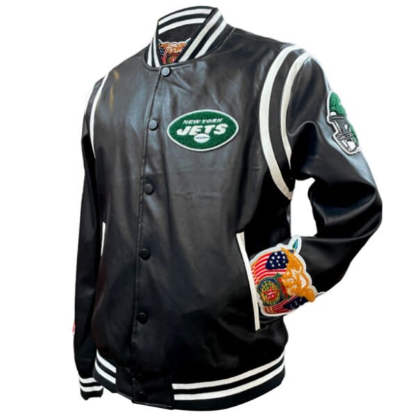 New York Jets NFL Jeff Hamilton Black White Leather Varsity Jacket 4