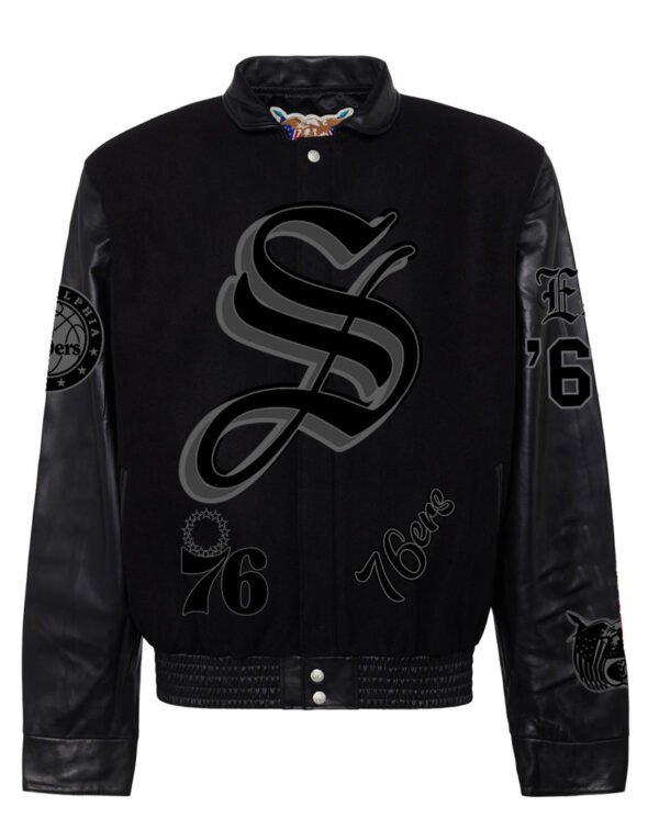 Philadelphia 76ers NBA BlackBlack Wool Leather Old English Letterman Varsity Jacke 1