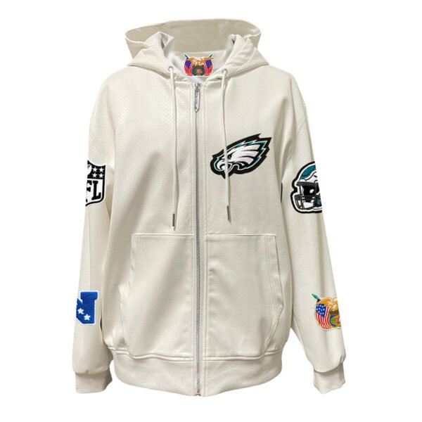 Philadelphia Eagles NFL Lightweight Zip up White Leather Hooded Jacket 1