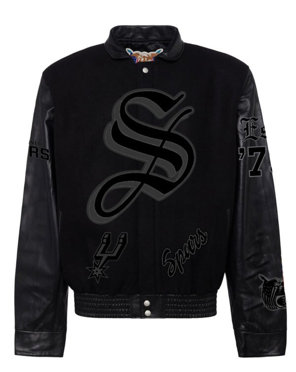 San Antonio Spurs NBA BlackBlack Wool Leather Old English Letterman Varsity Jacket 1