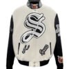 San Antonio Spurs NBA Off White Wool Leather Old English Letterman Varsity Jacket 1