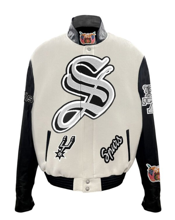 San Antonio Spurs NBA Off White Wool Leather Old English Letterman Varsity Jacket 1