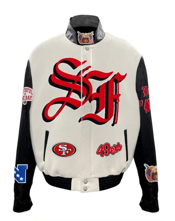 San Francisco 49ers NFL Off WhiteBlack Wool Leather Letterman Varsity Jacket 1