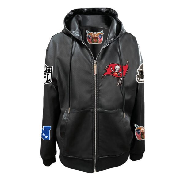 Tampa Bay Buccaneers NFL Lightweight Zip up Black Leather Hooded Jacket 1