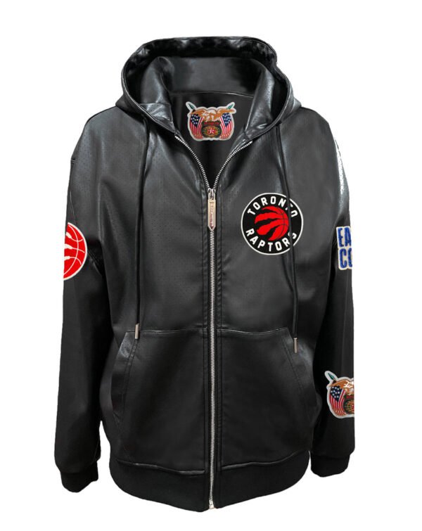 Toronto Raptors NBA Lightweight Zip up Black Leather Hooded Jacket 1